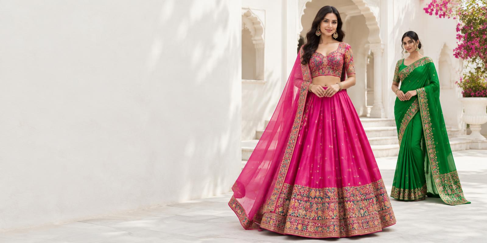 Chatak Colors couture in vibrant fuchsia pink and emerald green