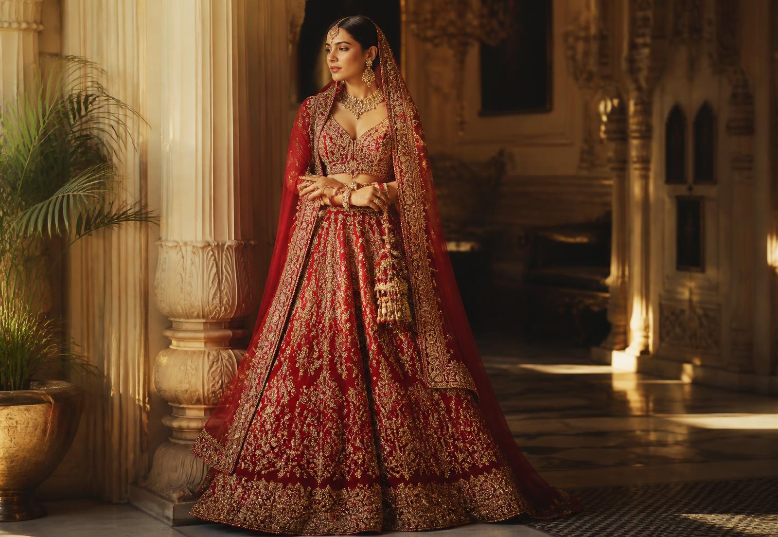 Bride wearing a hand-embroidered vermillion zardozi bridal lehenga by Chatak Colors